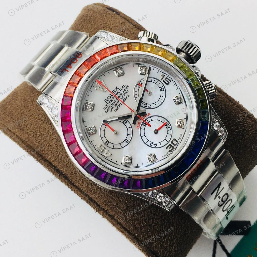 Rolex Daytona Kronograf Beyaz Kadran Taşlı Bezel Çelik 40mm Super Clone ETA Eta Saat detay 9