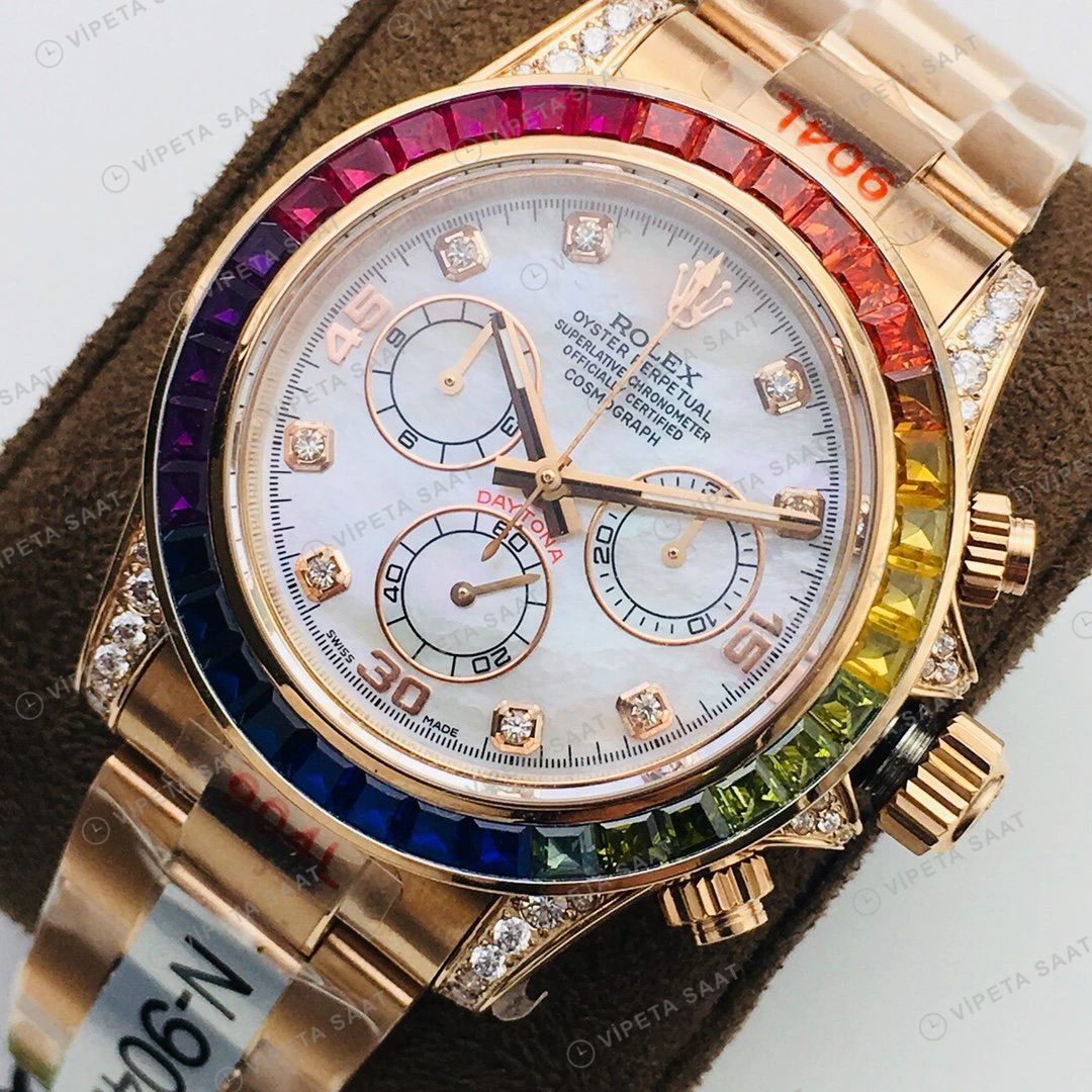 Rolex Daytona Kronograf Beyaz Kadran Taşlı Bezel Gold 40mm Super Clone ETA Eta Saat detay 7