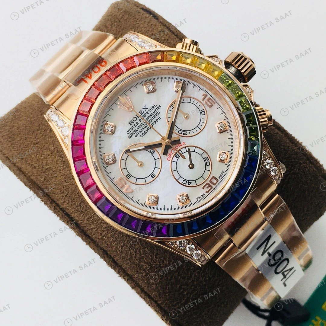 Rolex Daytona Kronograf Beyaz Kadran Taşlı Bezel Gold 40mm Super Clone ETA Eta Saat detay 9