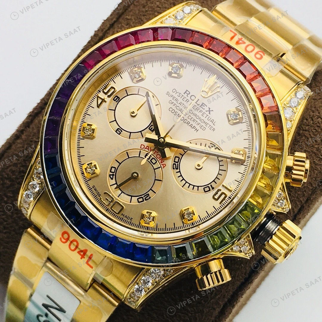 Rolex Daytona Kronograf Champagne Kadran Taşlı Bezel Gold 40mm Super Clone ETA Eta Saat detay 8