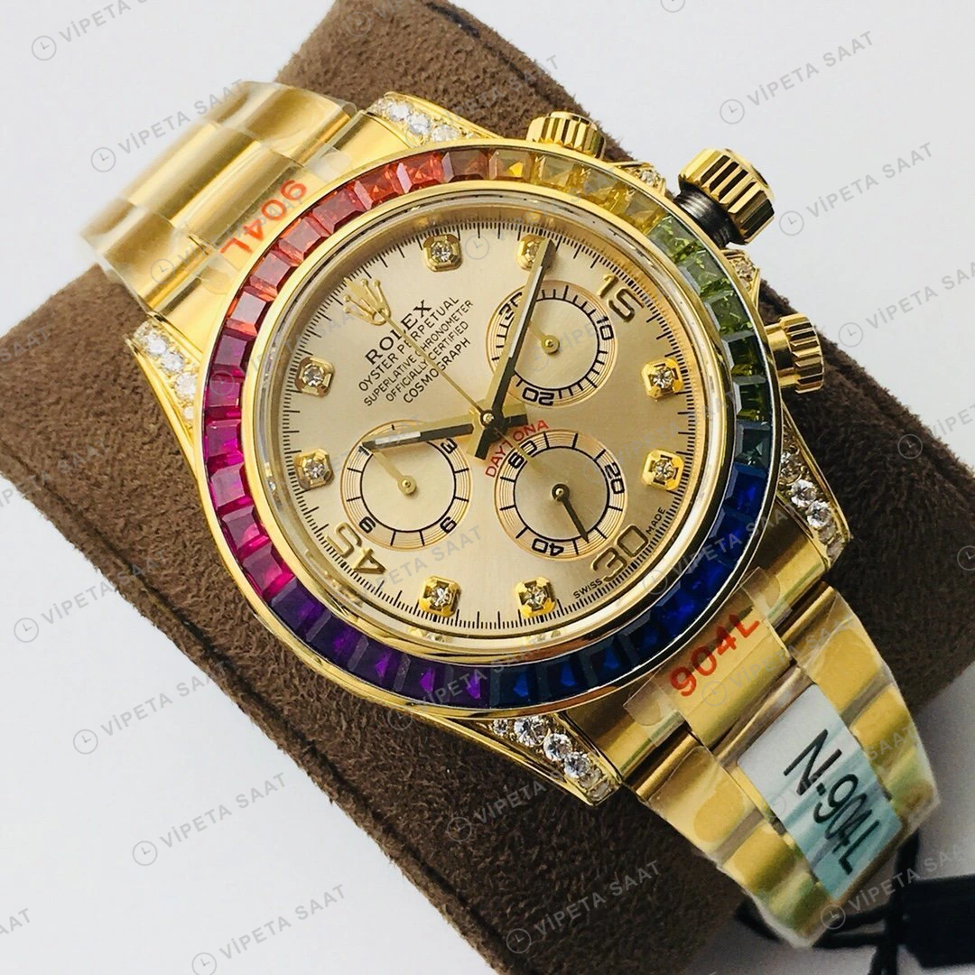 Rolex Daytona Kronograf Champagne Kadran Taşlı Bezel Gold 40mm Super Clone ETA Eta Saat detay 9