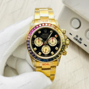 Rolex Daytona Kronograf Gökkuşağı Bezel Siyah Kadran Gold 40mm Super Clone ETA Eta Saat detay 6