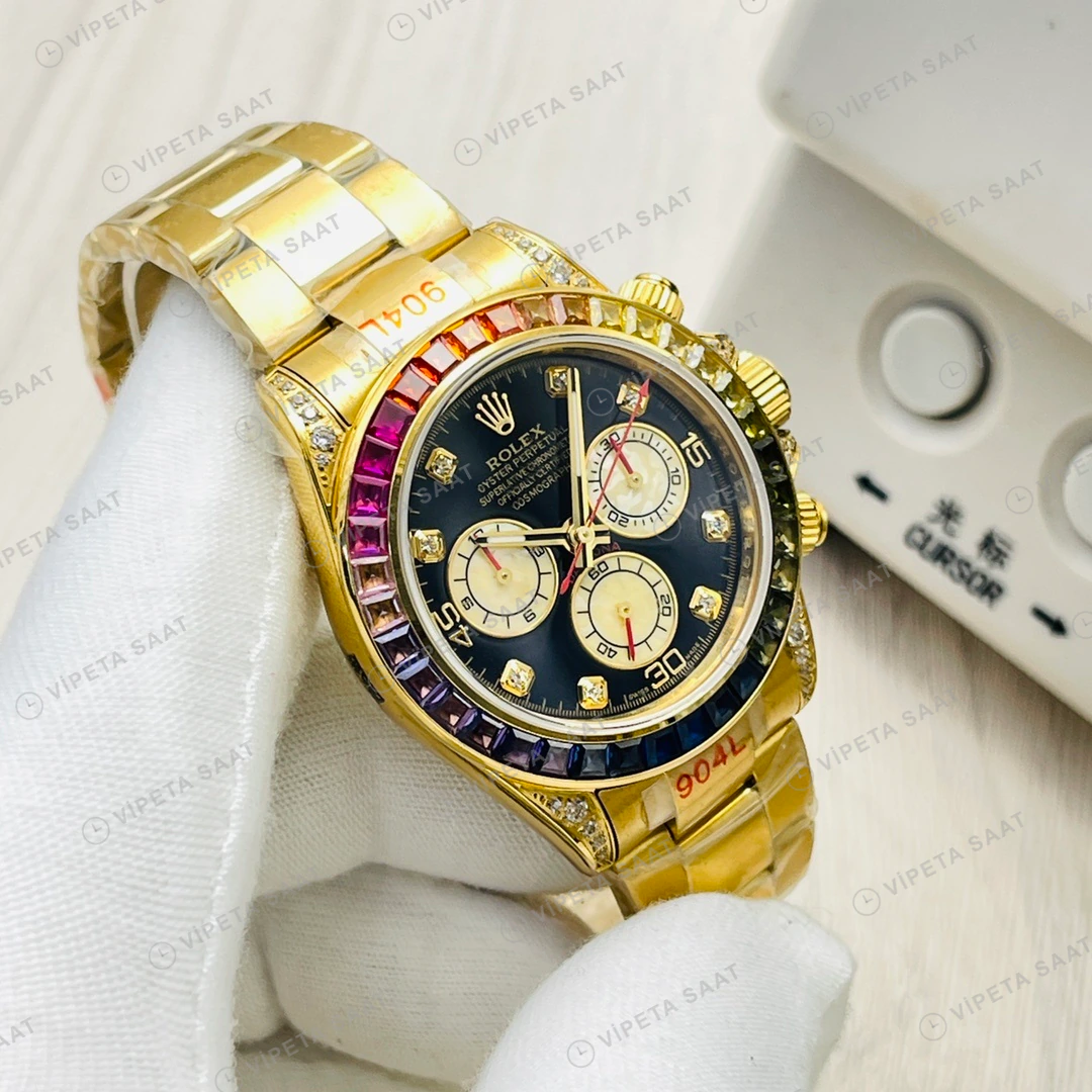 Rolex Daytona Kronograf Gökkuşağı Bezel Siyah Kadran Gold 40mm Super Clone ETA Eta Saat detay 7