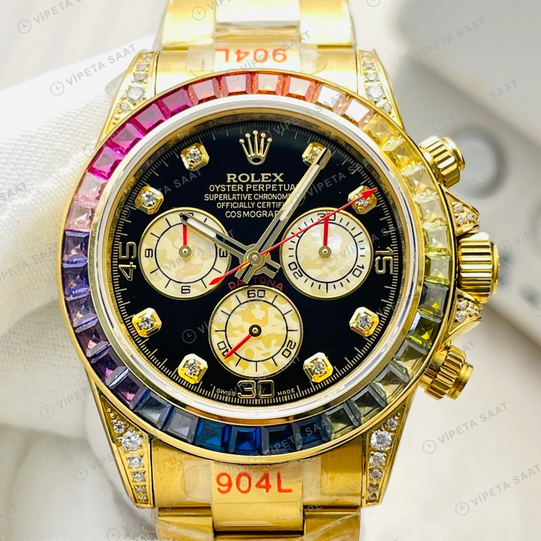 Rolex Daytona Kronograf Gökkuşağı Bezel Siyah Kadran Gold 40mm Super Clone ETA Eta Saat detay 9