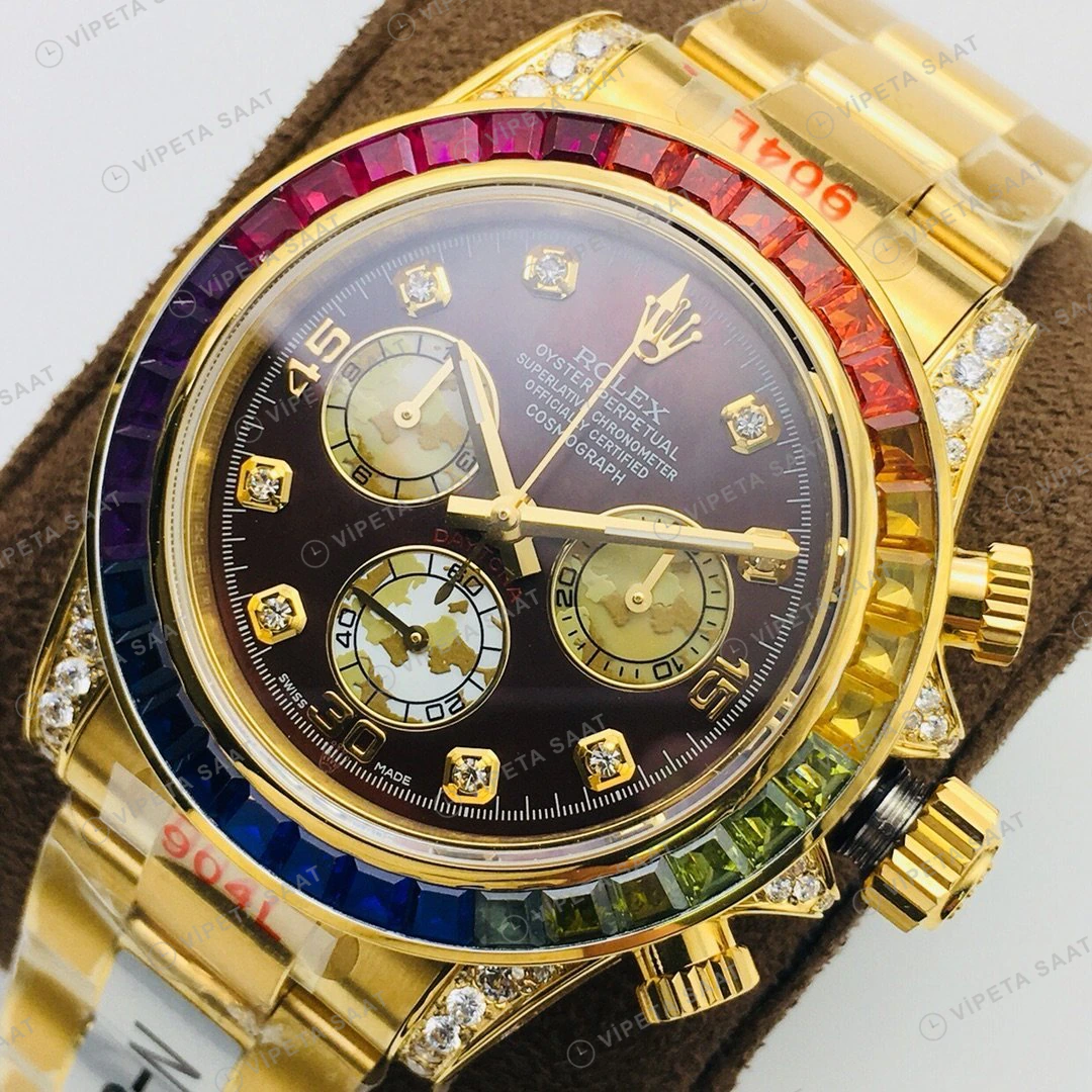 Rolex Daytona Kronograf Kahve Kadran Taşlı Bezel Gold 40mm Super Clone ETA Eta Saat detay 8
