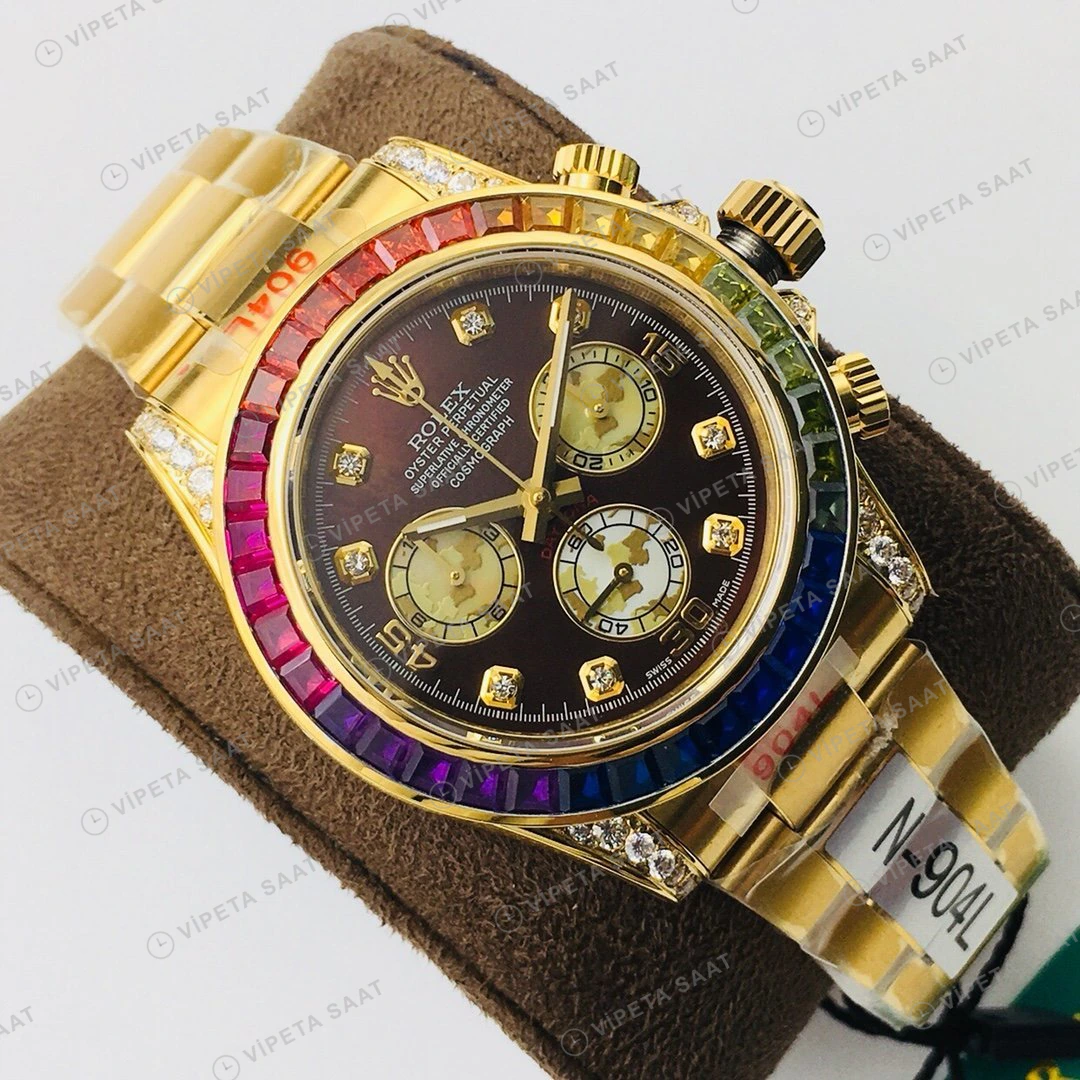 Rolex Daytona Kronograf Kahve Kadran Taşlı Bezel Gold 40mm Super Clone ETA Eta Saat detay 9
