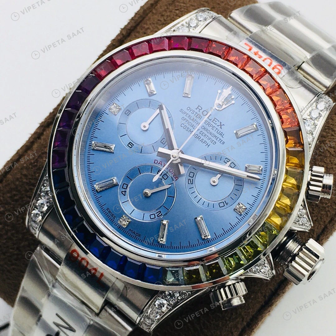 Rolex Daytona Kronograf Mavi Kadran Taşlı Bezel Çelik 40mm Super Clone ETA Eta Saat detay 6