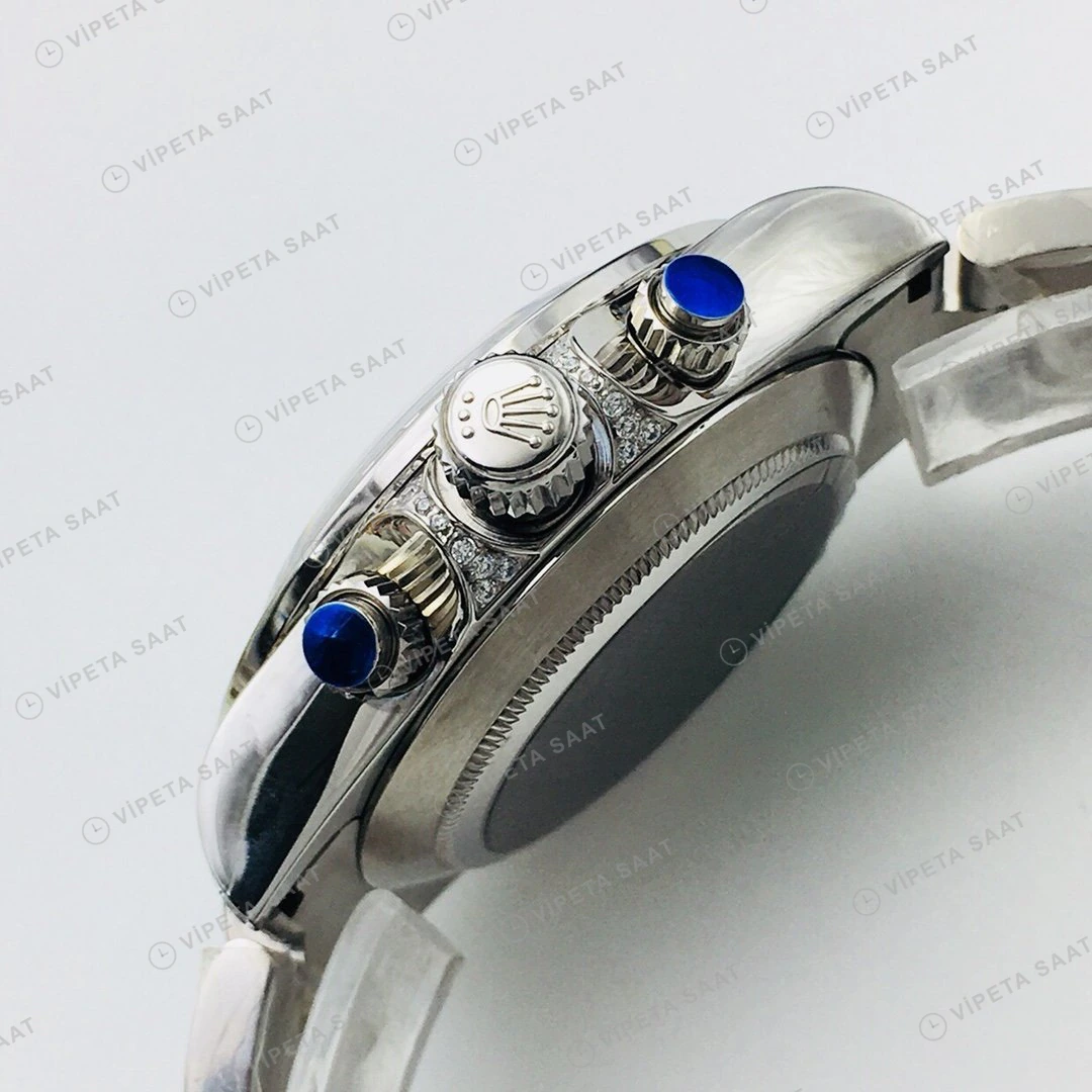 Rolex Daytona Kronograf Mavi Kadran Taşlı Bezel Çelik 40mm Super Clone ETA Eta Saat detay 7