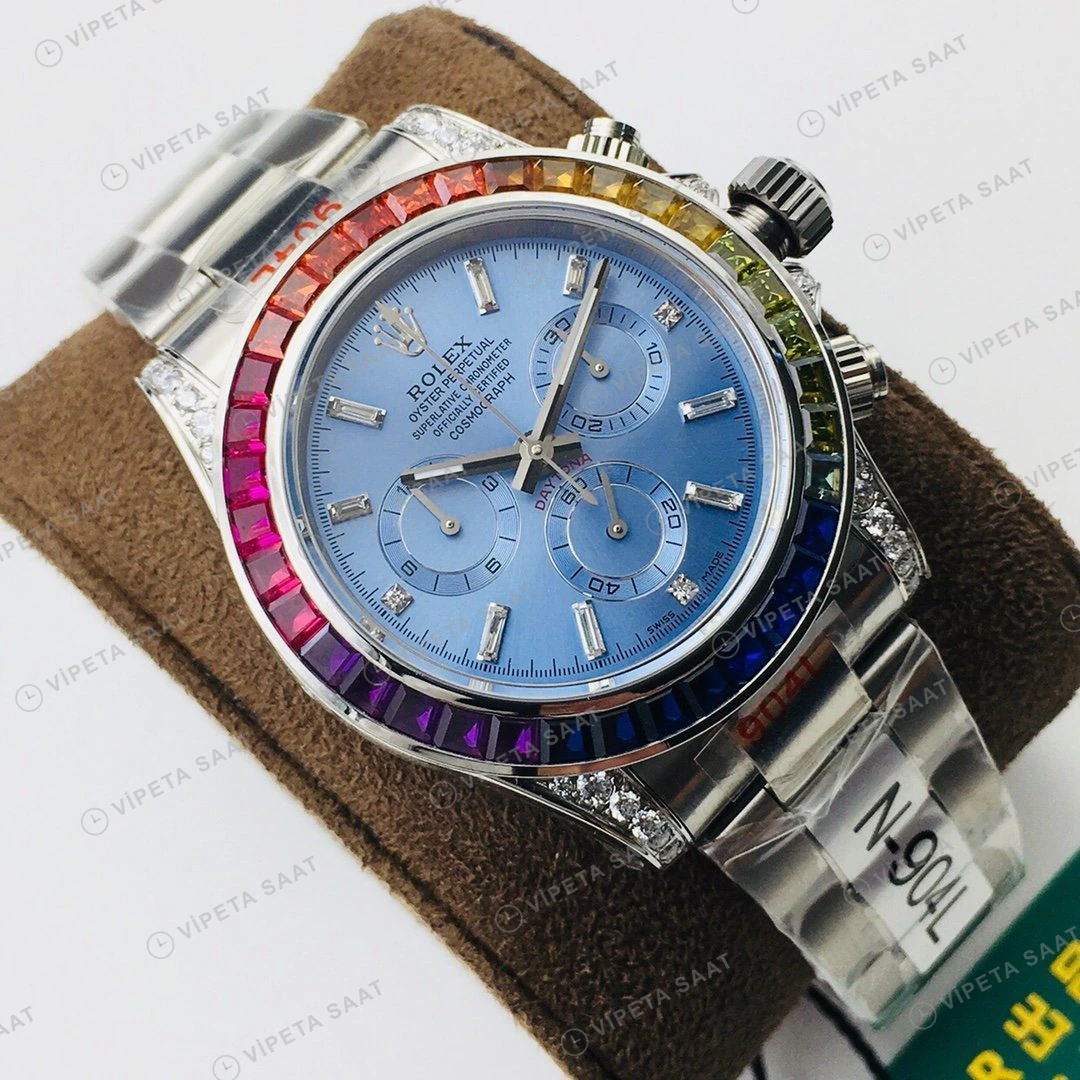 Rolex Daytona Kronograf Mavi Kadran Taşlı Bezel Çelik 40mm Super Clone ETA Eta Saat detay 9