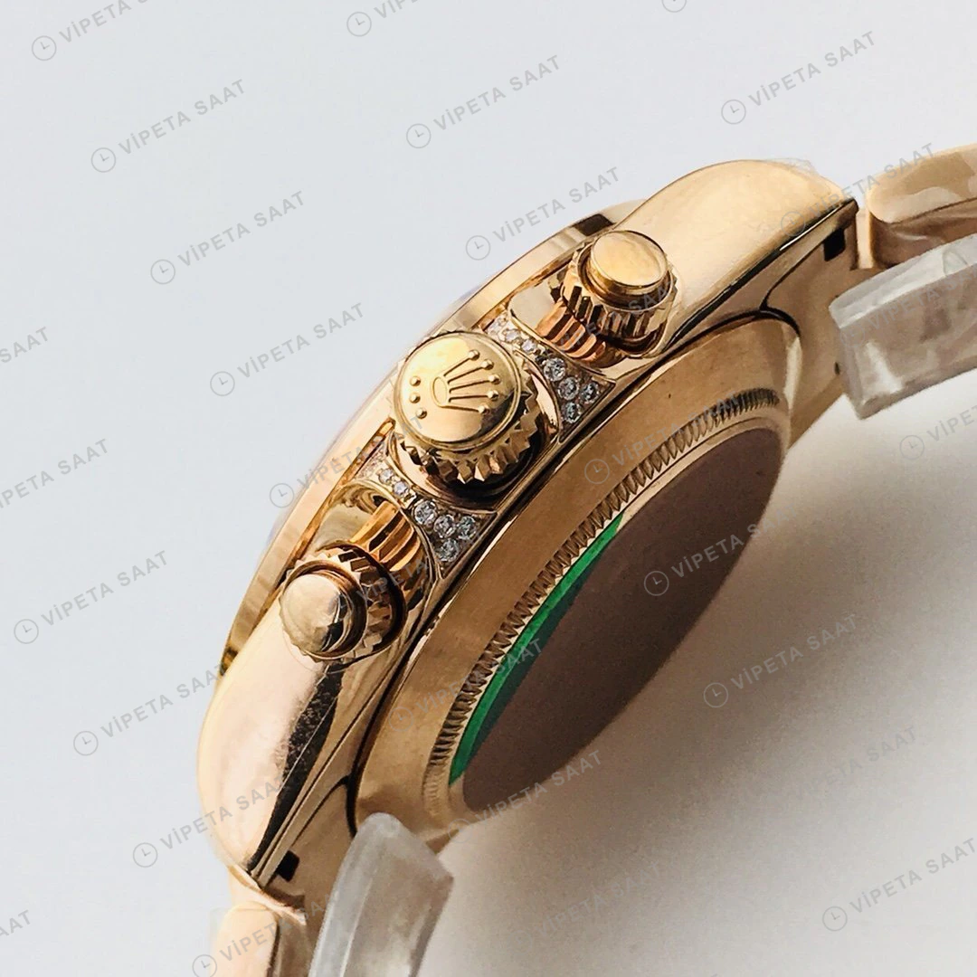 Rolex Daytona Kronograf Pembe Kadran Taşlı Bezel Gold 40mm Super Clone ETA Eta Saat detay 5