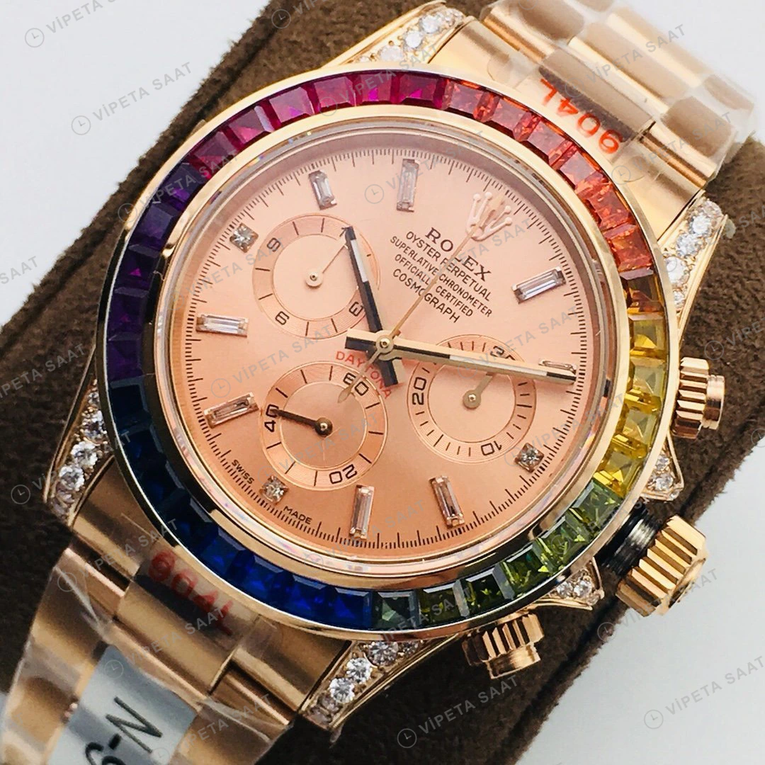 Rolex Daytona Kronograf Pembe Kadran Taşlı Bezel Gold 40mm Super Clone ETA Eta Saat detay 8