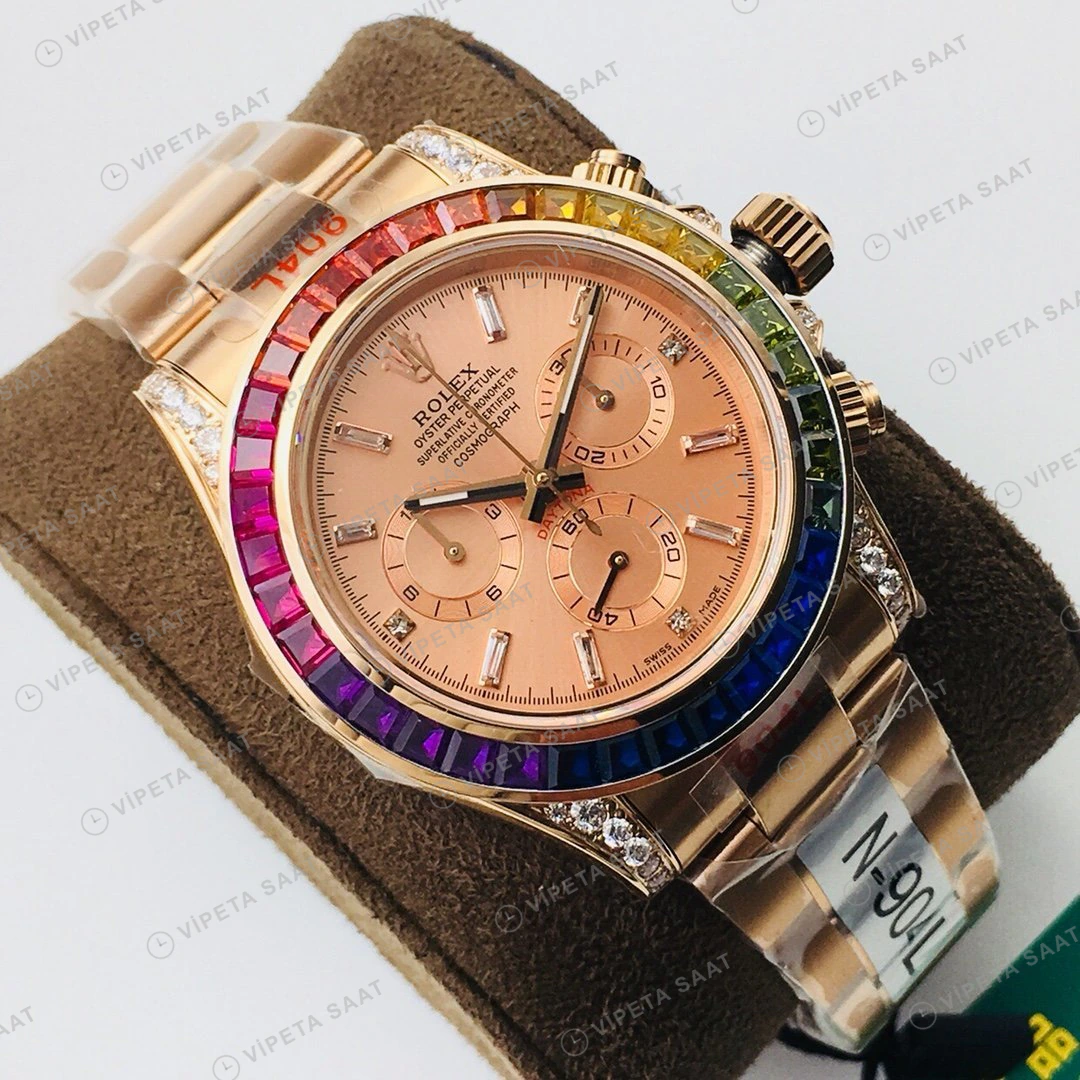 Rolex Daytona Kronograf Pembe Kadran Taşlı Bezel Gold 40mm Super Clone ETA Eta Saat detay 9