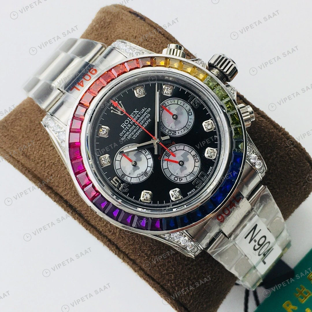 Rolex Daytona Kronograf Siyah Kadran Taşlı Bezel Çelik 40mm Super Clone ETA Eta Saat detay 8