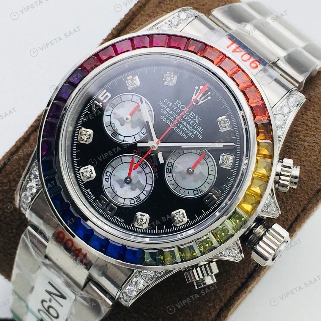 Rolex Daytona Kronograf Siyah Kadran Taşlı Bezel Çelik 40mm Super Clone ETA Eta Saat detay 9