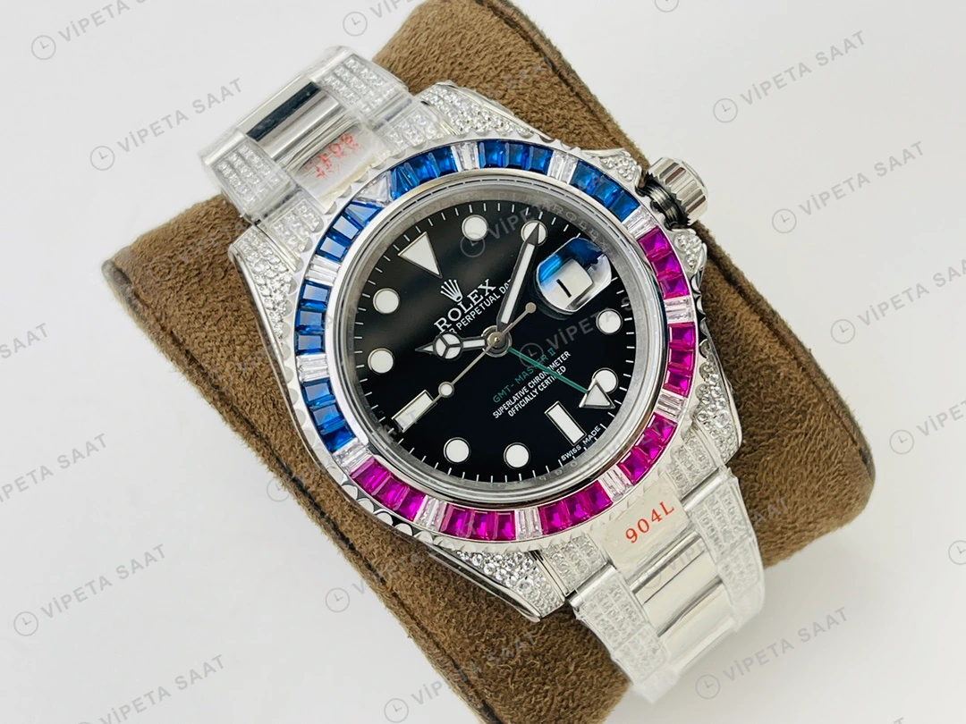 Rolex GMT-Master II Siyah Kadran Taşlı Bezel Çelik 40mm Super Clone ETA Eta Saat detay 6