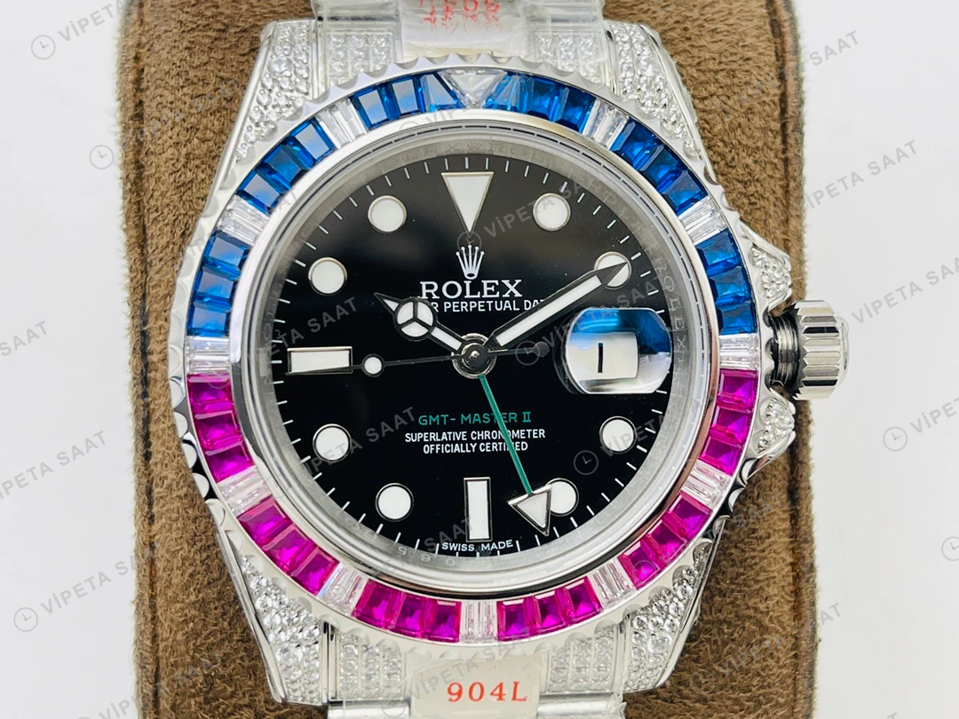 Rolex GMT-Master II Siyah Kadran Taşlı Bezel Çelik 40mm Super Clone ETA Eta Saat detay 8