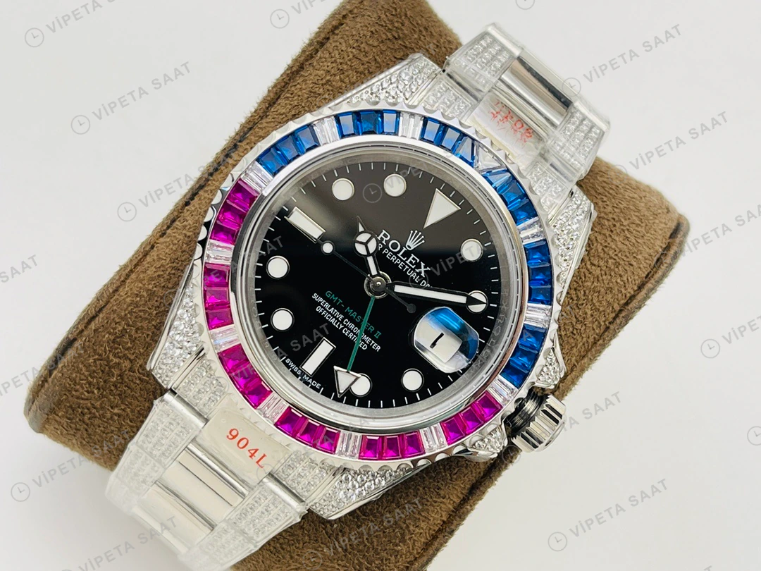 Rolex GMT-Master II Siyah Kadran Taşlı Bezel Çelik 40mm Super Clone ETA Eta Saat detay 9