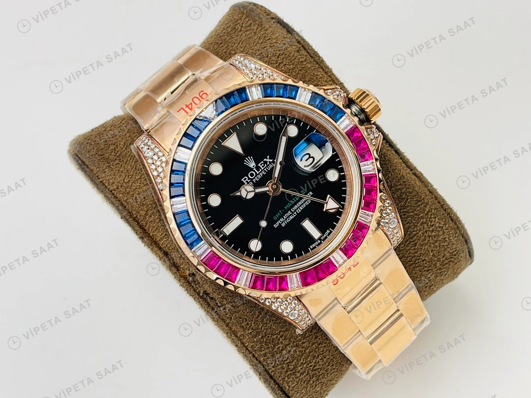 Rolex GMT-Master II Siyah Kadran Taşlı Bezel Gold 40mm Super Clone ETA Eta Saat detay 7