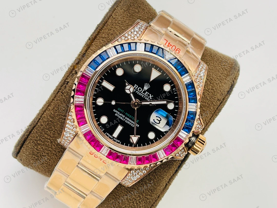 Rolex GMT-Master II Siyah Kadran Taşlı Bezel Gold 40mm Super Clone ETA Eta Saat detay 8