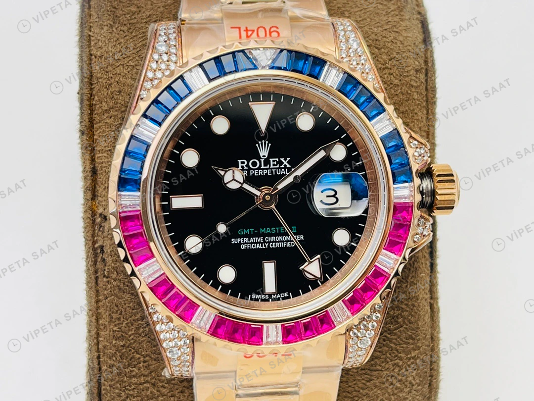 Rolex GMT-Master II Siyah Kadran Taşlı Bezel Gold 40mm Super Clone ETA Eta Saat detay 9