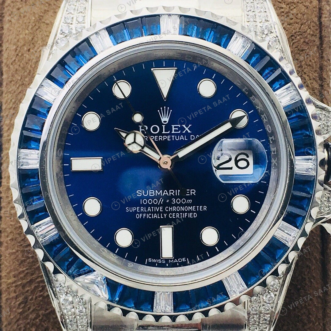 Rolex Submariner Mavi Kadran Taşlı Bezel Çelik 40mm Super Clone ETA Eta Saat detay 3