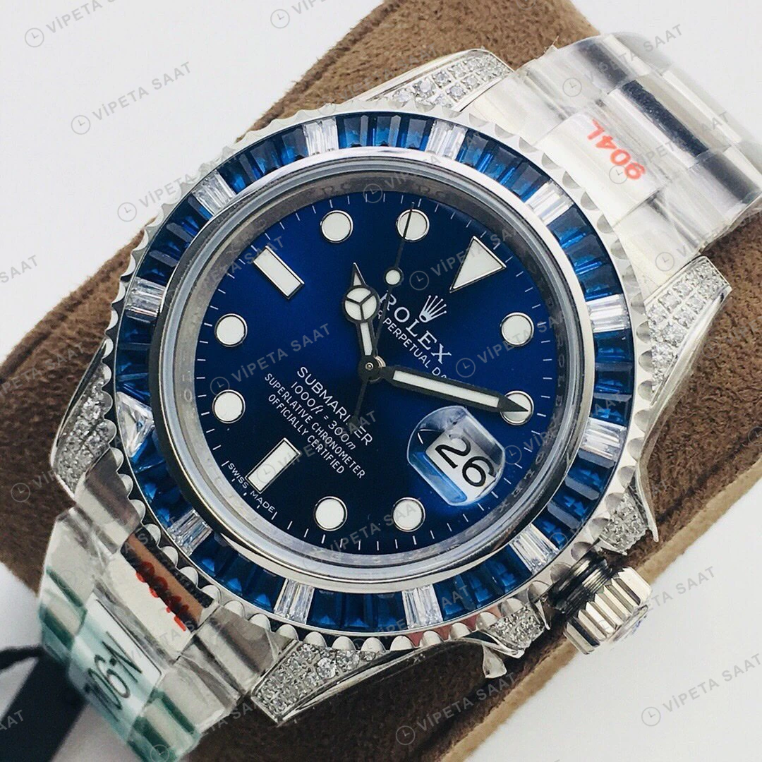 Rolex Submariner Mavi Kadran Taşlı Bezel Çelik 40mm Super Clone ETA Eta Saat detay 4