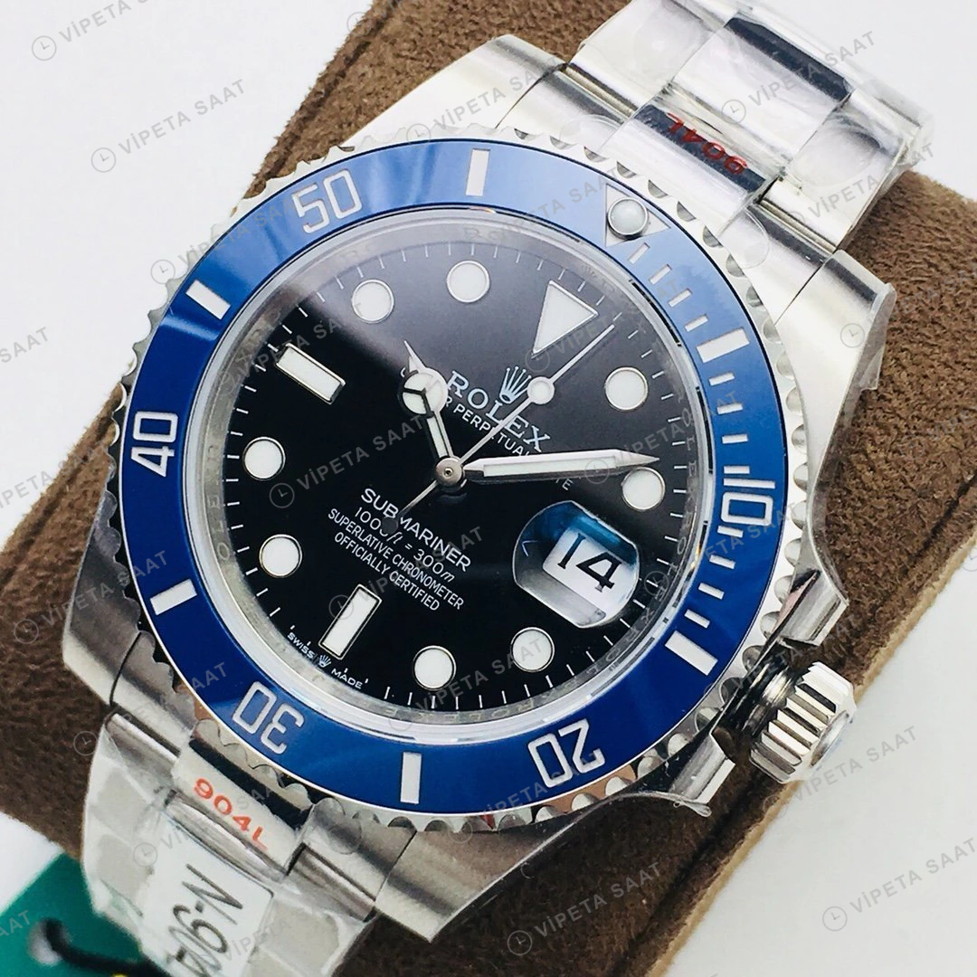 Rolex Submariner Siyah Kadran Mavi Bezel Çelik 40mm Super Clone ETA Eta Saat detay 8
