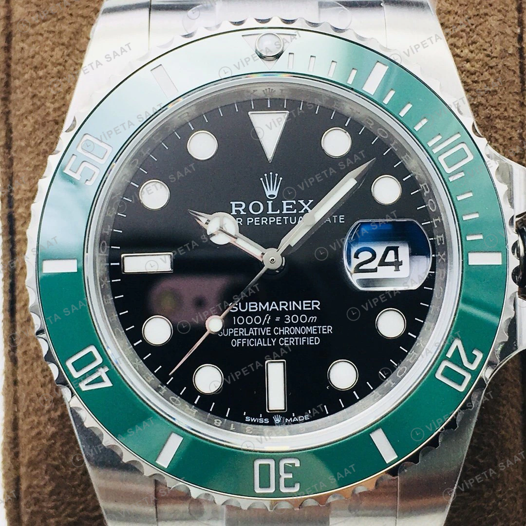 Rolex Submariner Siyah Kadran Yeşil Bezel Çelik 40mm Super Clone ETA Eta Saat detay 5