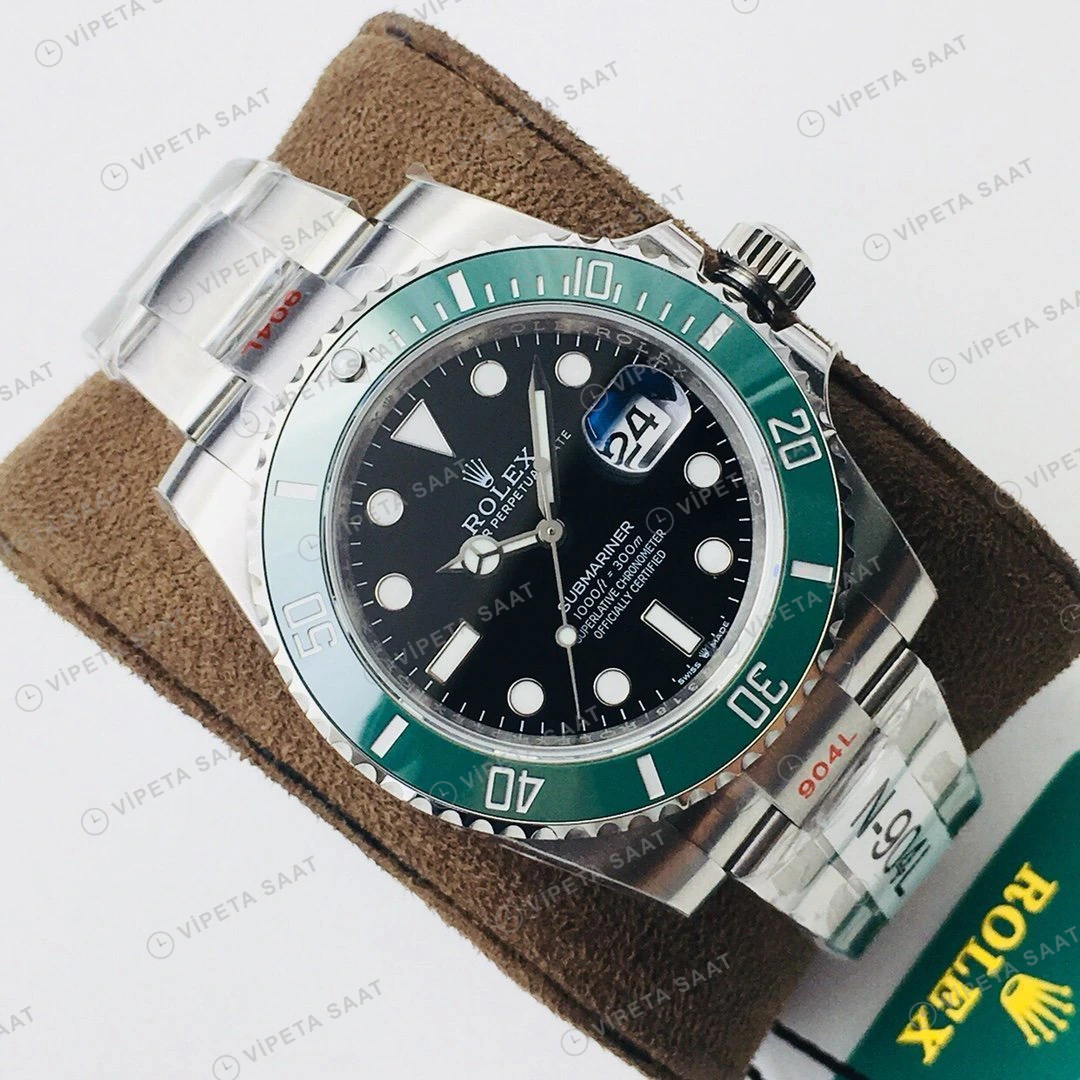 Rolex Submariner Siyah Kadran Yeşil Bezel Çelik 40mm Super Clone ETA Eta Saat detay 9