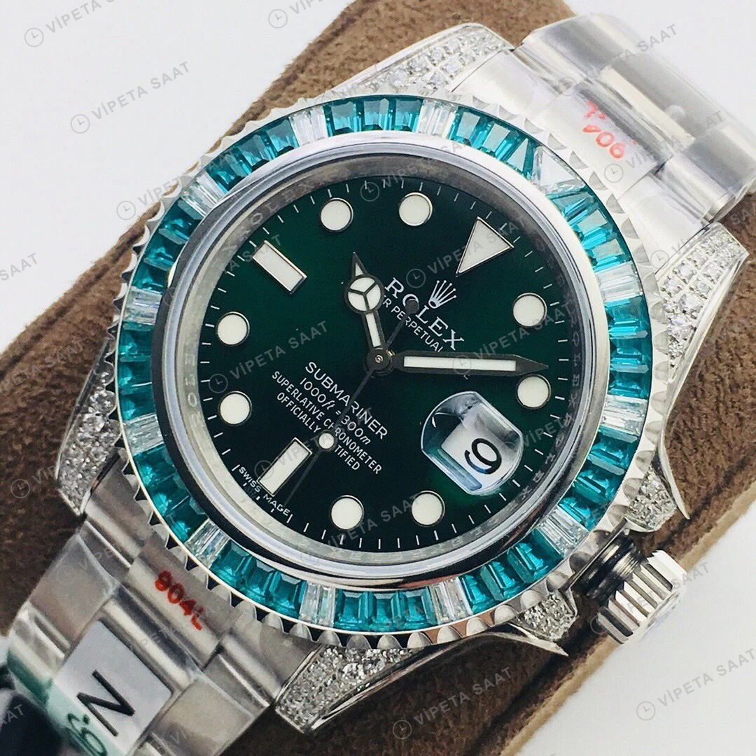 Rolex Submariner Yeşil Kadran Taşlı Bezel Çelik 40mm Super Clone ETA Eta Saat detay 3