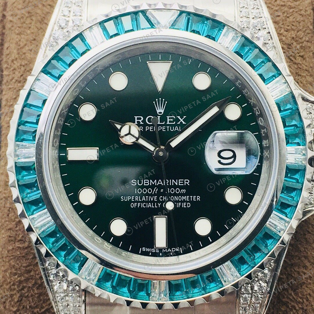 Rolex Submariner Yeşil Kadran Taşlı Bezel Çelik 40mm Super Clone ETA Eta Saat detay 4