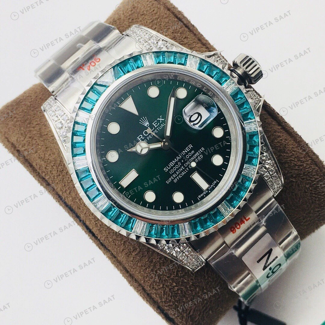 Rolex Submariner Yeşil Kadran Taşlı Bezel Çelik 40mm Super Clone ETA Eta Saat detay 6