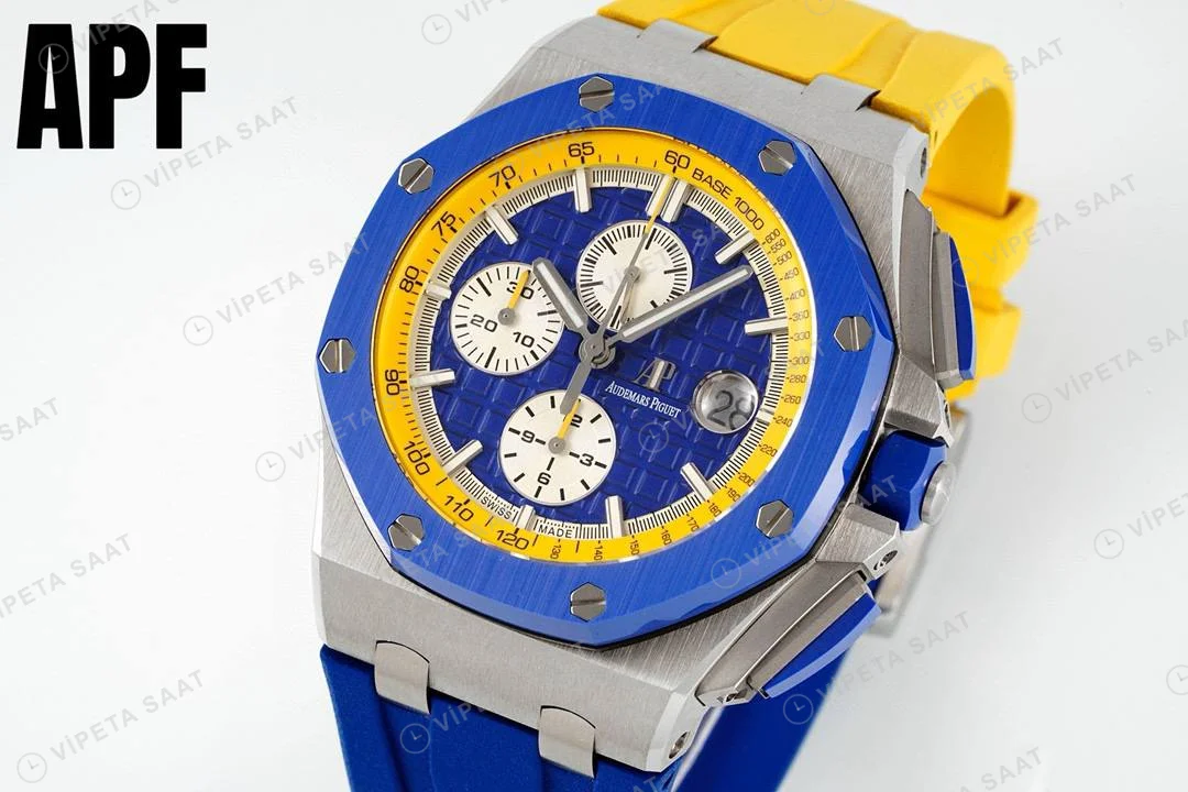 Audemars Piguet Royal Oak Offshore Novelty 44mm Ukraine Flag Blue Yellow 26400 Super Clone ETA Saat detay 7