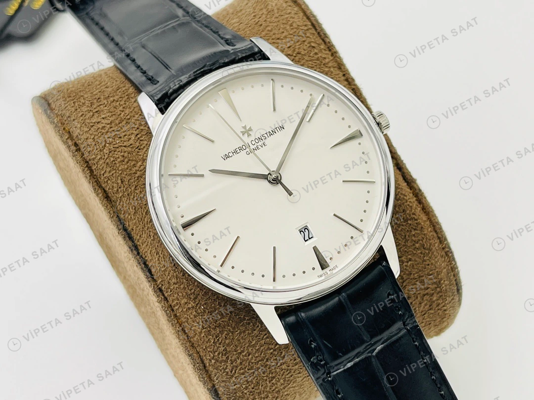 Vacheron Constantin Patrimony Beyaz Kadran Çelik Deri Kordon Super Clone ETA Eta Saat karşıdan görünüm