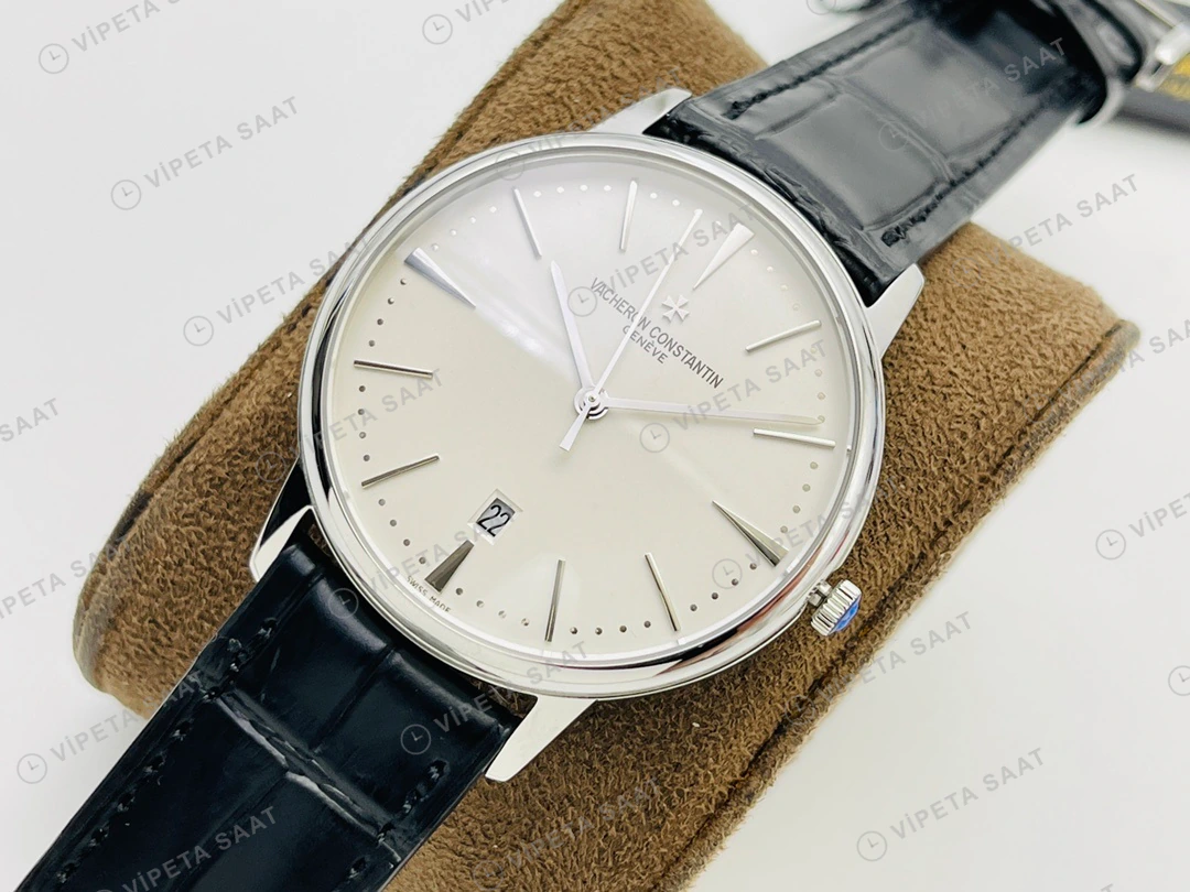 Vacheron Constantin Patrimony Beyaz Kadran Çelik Deri Kordon Super Clone ETA Eta Saat detay 7