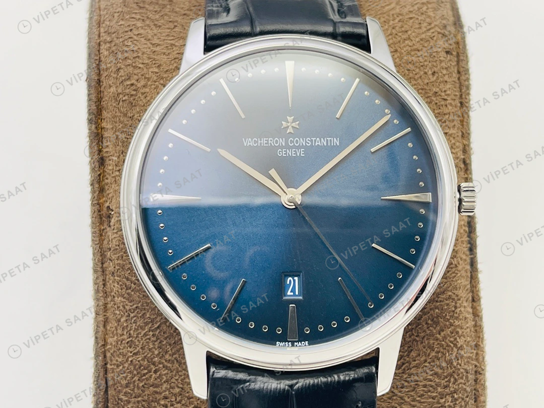 Vacheron Constantin Patrimony Mavi Kadran Çelik Deri Kordon Super Clone ETA Eta Saat detay 3