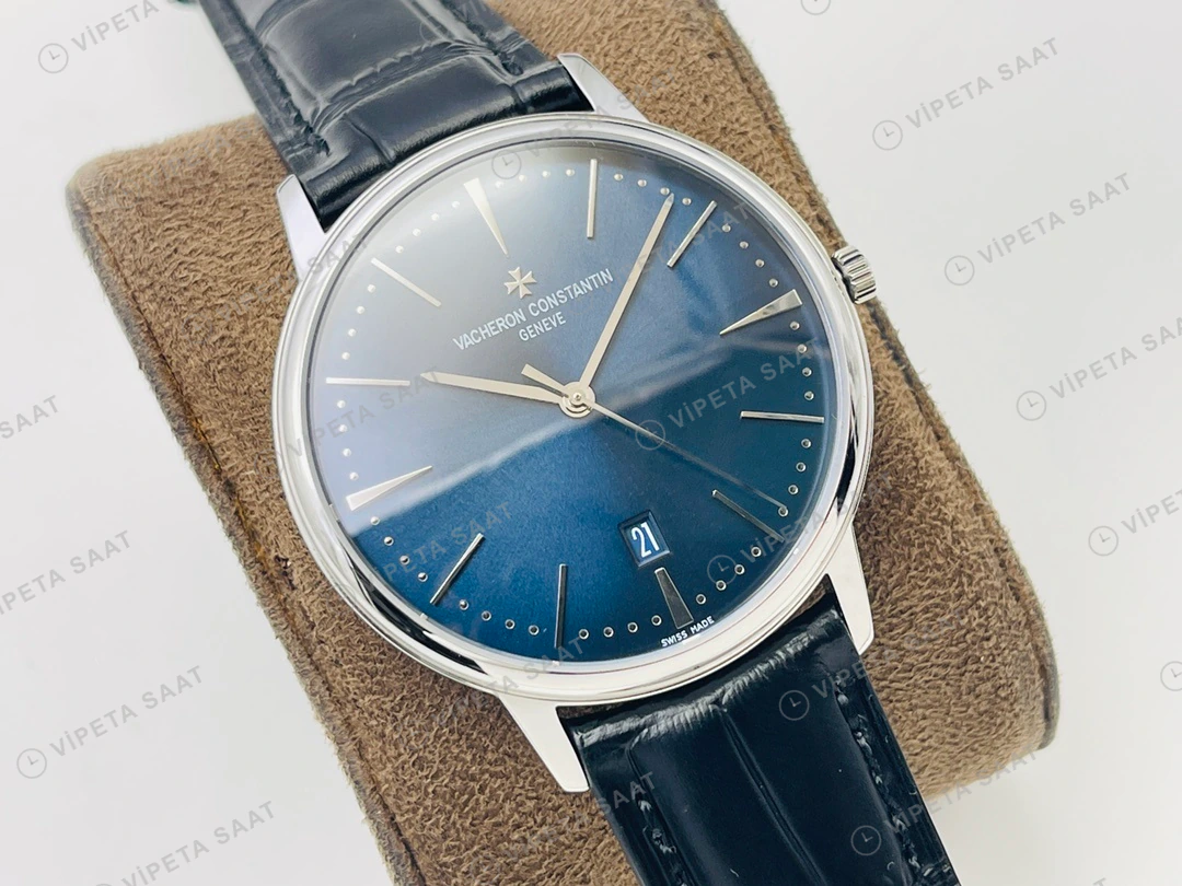 Vacheron Constantin Patrimony Mavi Kadran Çelik Deri Kordon Super Clone ETA Eta Saat detay 6