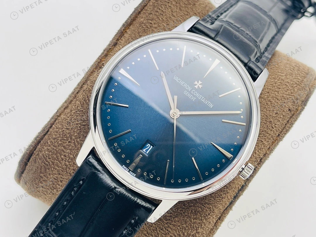 Vacheron Constantin Patrimony Mavi Kadran Çelik Deri Kordon Super Clone ETA Eta Saat detay 8