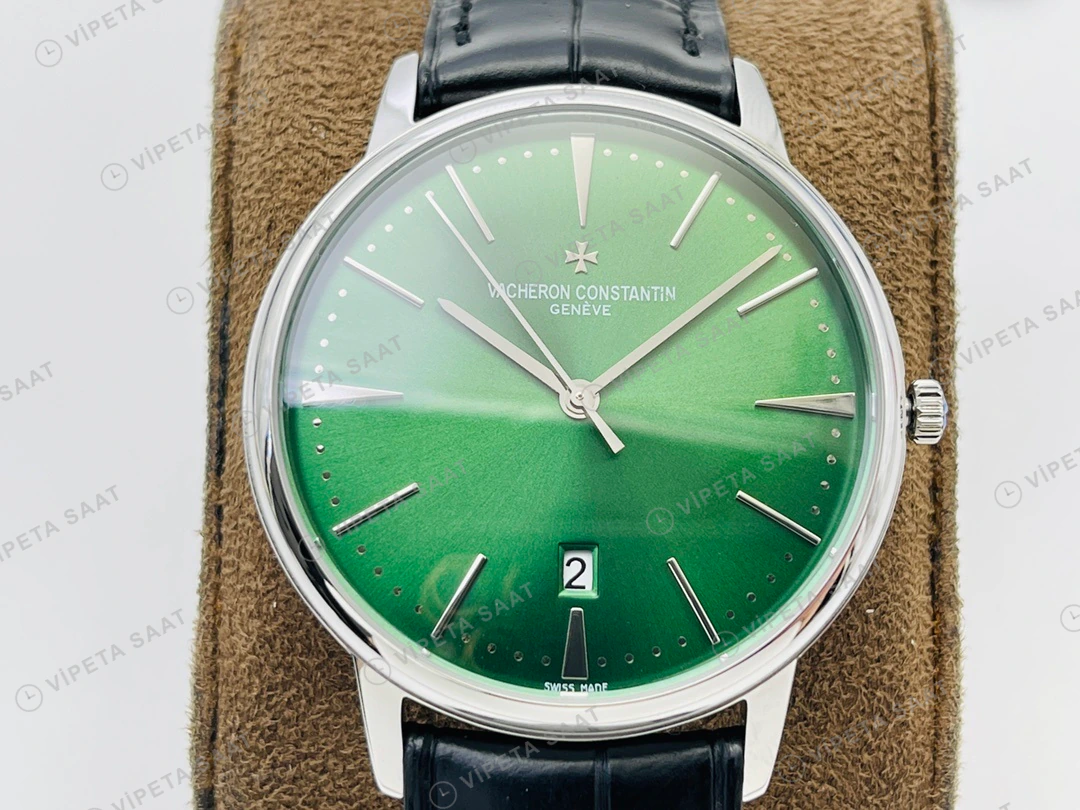 Vacheron Constantin Patrimony Yeşil Kadran Çelik Deri Kordon Super Clone ETA Eta Saat karşıdan görünüm