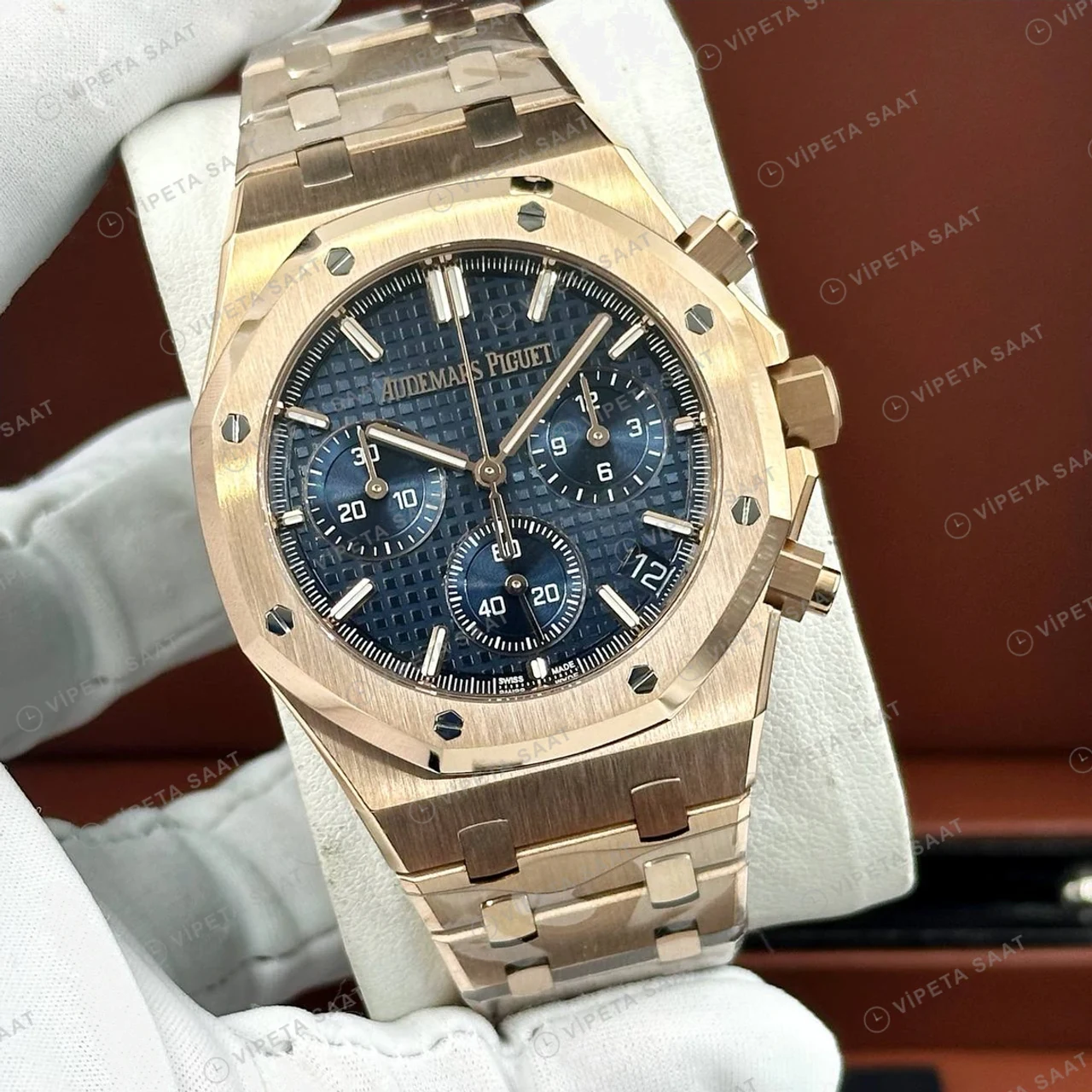 Audemars Piguet 26470OR Mavi Kadranlı Chronograph Rose Gold Kauçuk Kordon II Super Clone ETA Saat ürün görseli 1