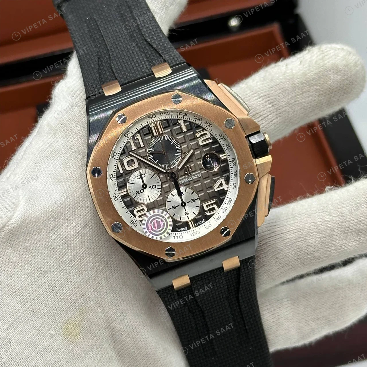 Audemars Piguet 26401OR Siyah Kadranlı Skeleton Chronograph Rose Gold Kauçuk Kordon Klasik Super Clone ETA Saat ürün görseli 1