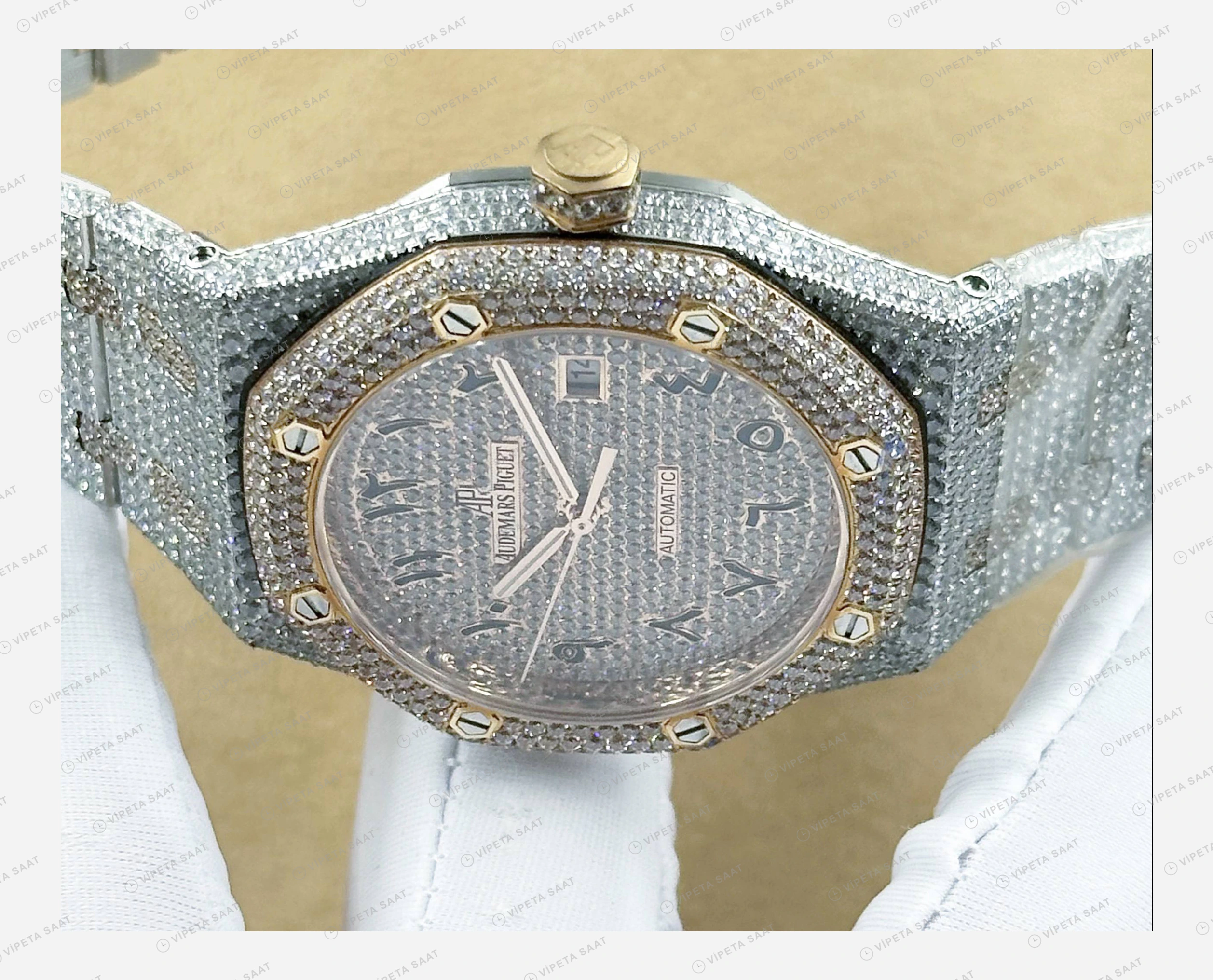Audemars Piguet Royal Oak Elmas Taşlı Çelik Pave Lüks Super Clone ETA Eta Saat yan görünüm