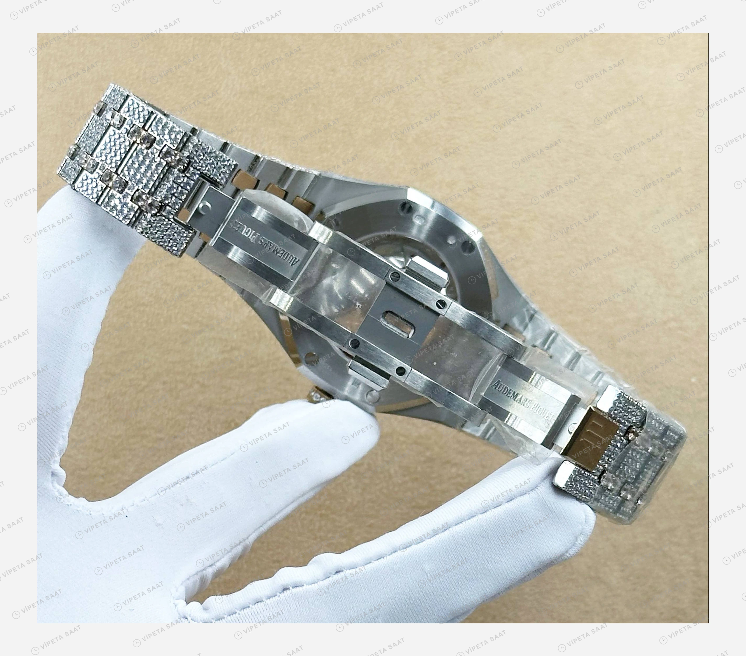Audemars Piguet Royal Oak Elmas Taşlı Çelik Pave Lüks Super Clone ETA Eta Saat detay 3