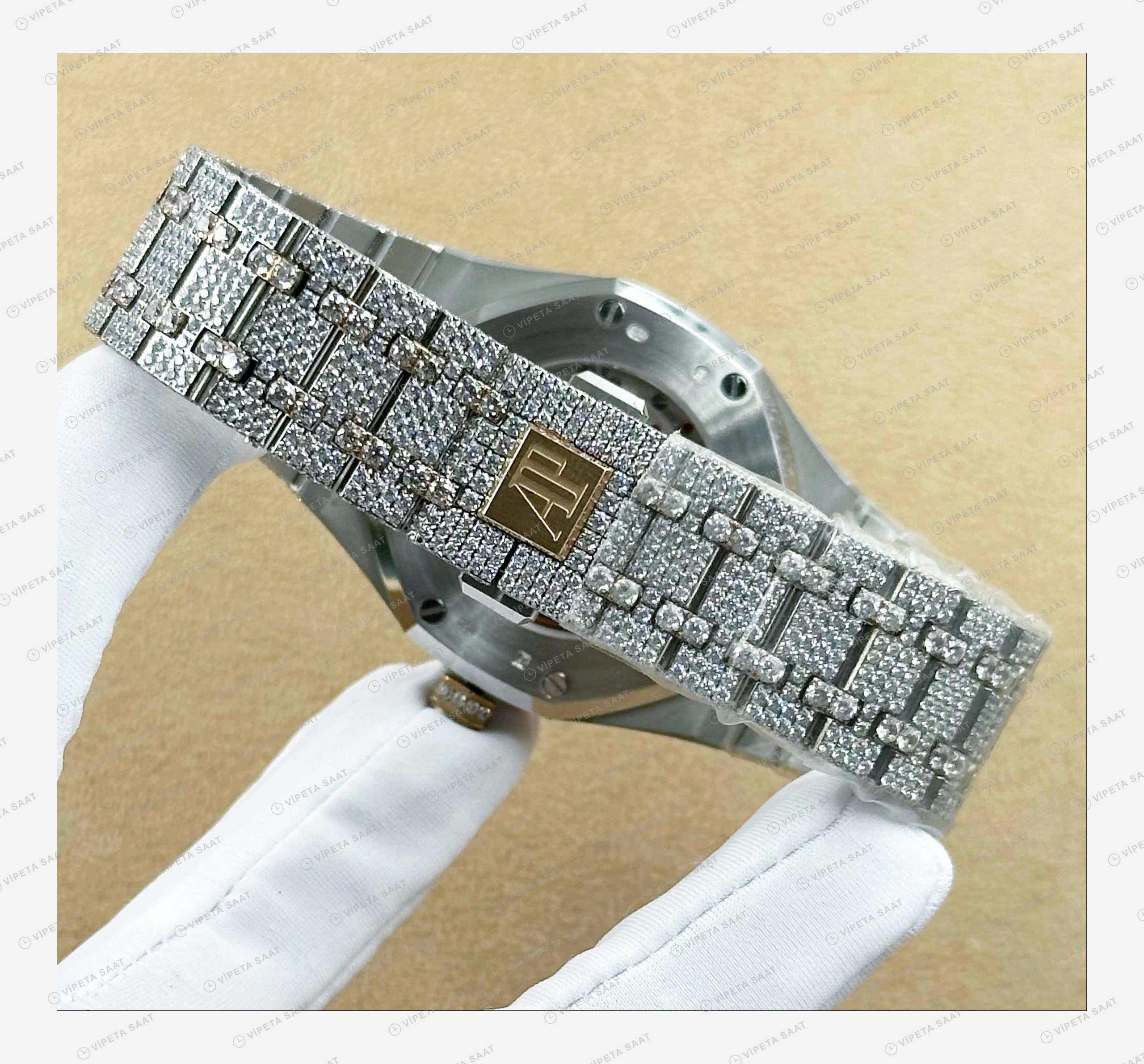Audemars Piguet Royal Oak Elmas Taşlı Çelik Pave Lüks Super Clone ETA Eta Saat detay 4