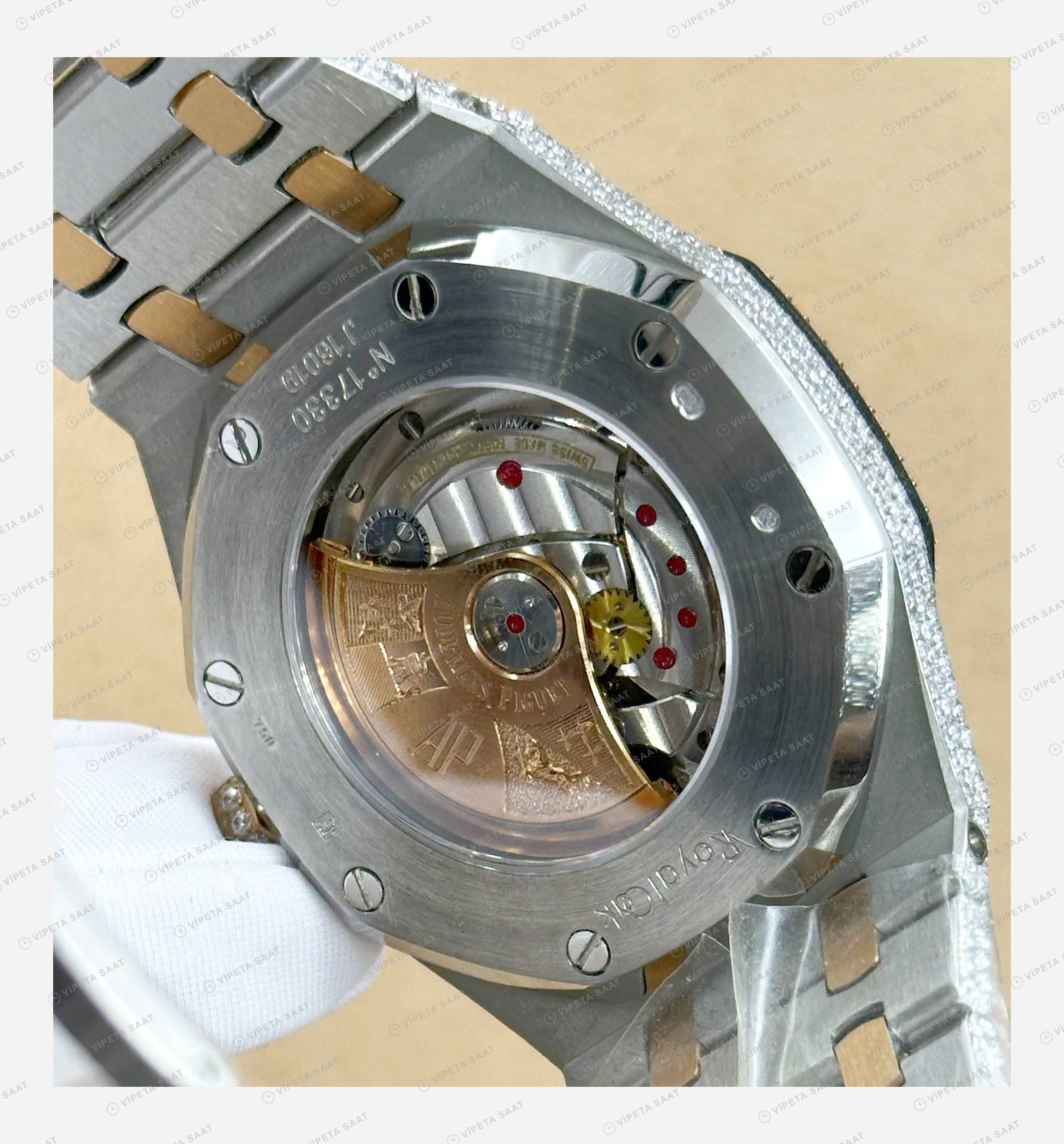 Audemars Piguet Royal Oak Elmas Taşlı Çelik Pave Lüks Super Clone ETA Eta Saat detay 5