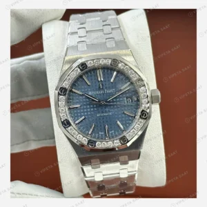Audemars Piguet Royal Oak Mavi Kadran Pırlanta Bezel Çelik Işıltı Super Clone ETA Eta Saat karşıdan görünüm