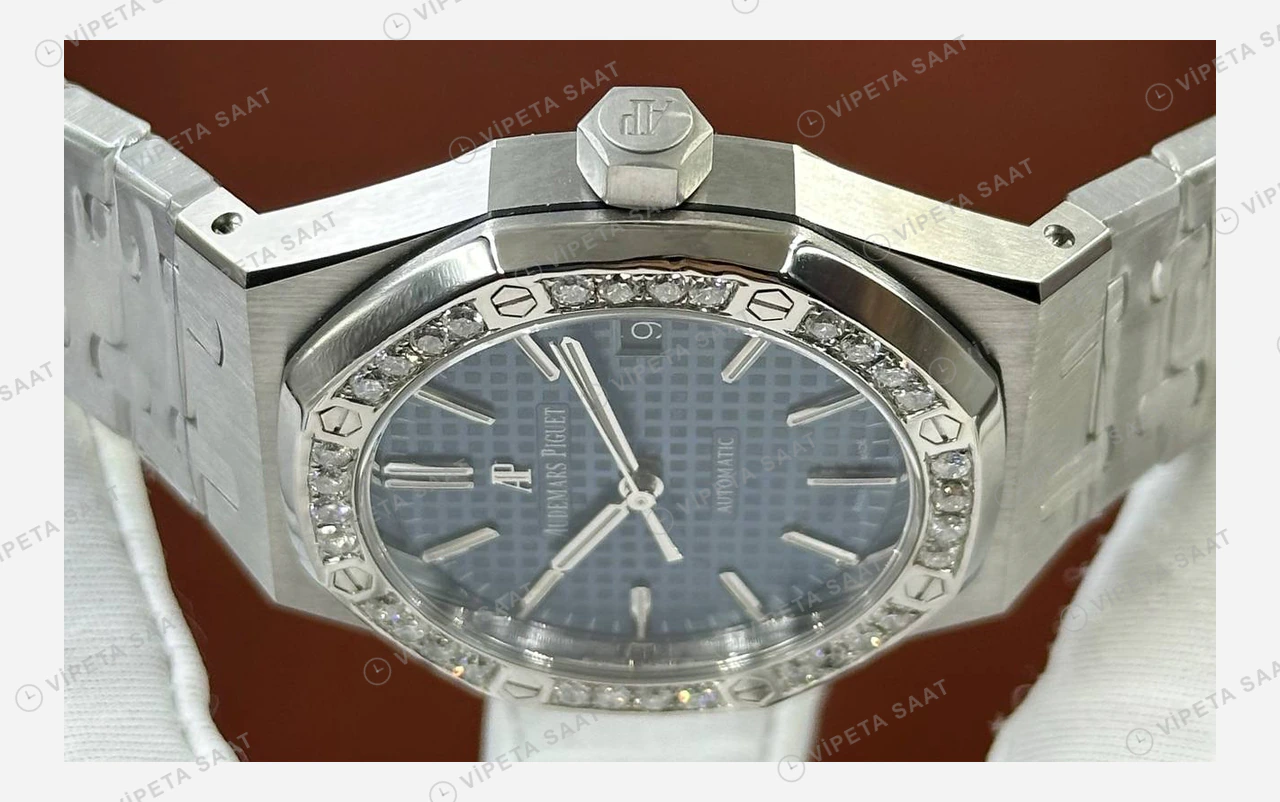 Audemars Piguet Royal Oak Mavi Kadran Pırlanta Bezel Çelik Işıltı Super Clone ETA Eta Saat detay 6
