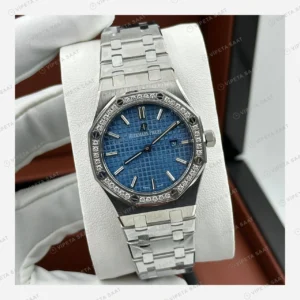 Audemars Piguet Royal Oak Mavi Kadran Pırlanta Bezel Çelik Super Clone ETA Eta Saat karşıdan görünüm