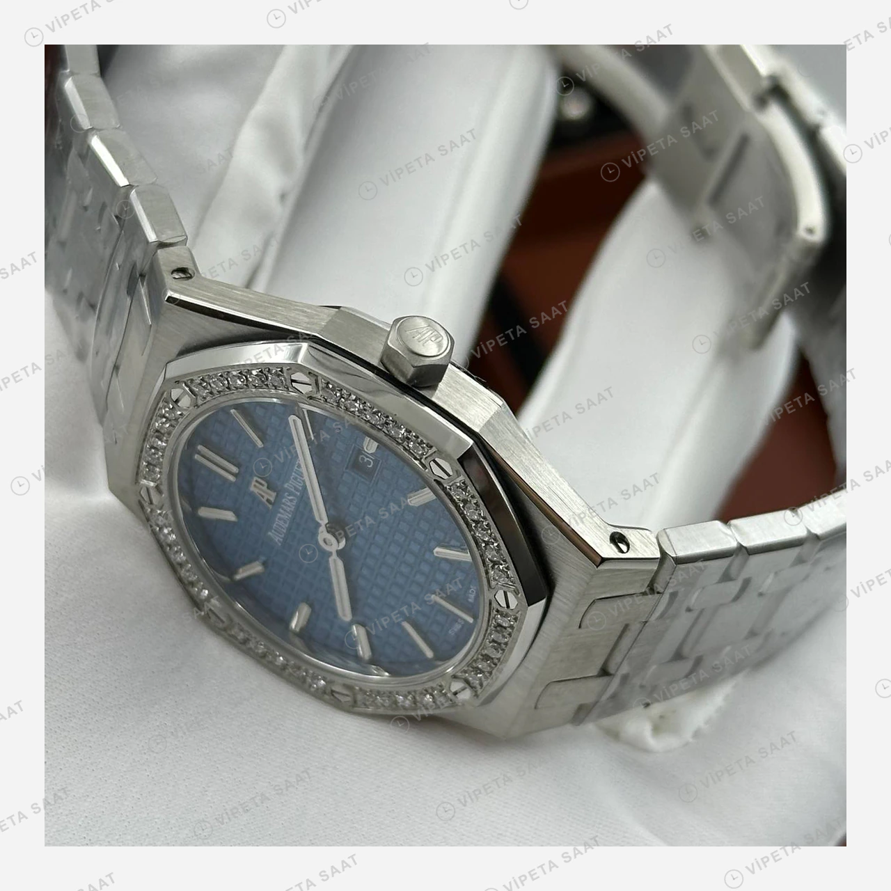 Audemars Piguet Royal Oak Mavi Kadran Pırlanta Bezel Çelik Super Clone ETA Eta Saat detay 3