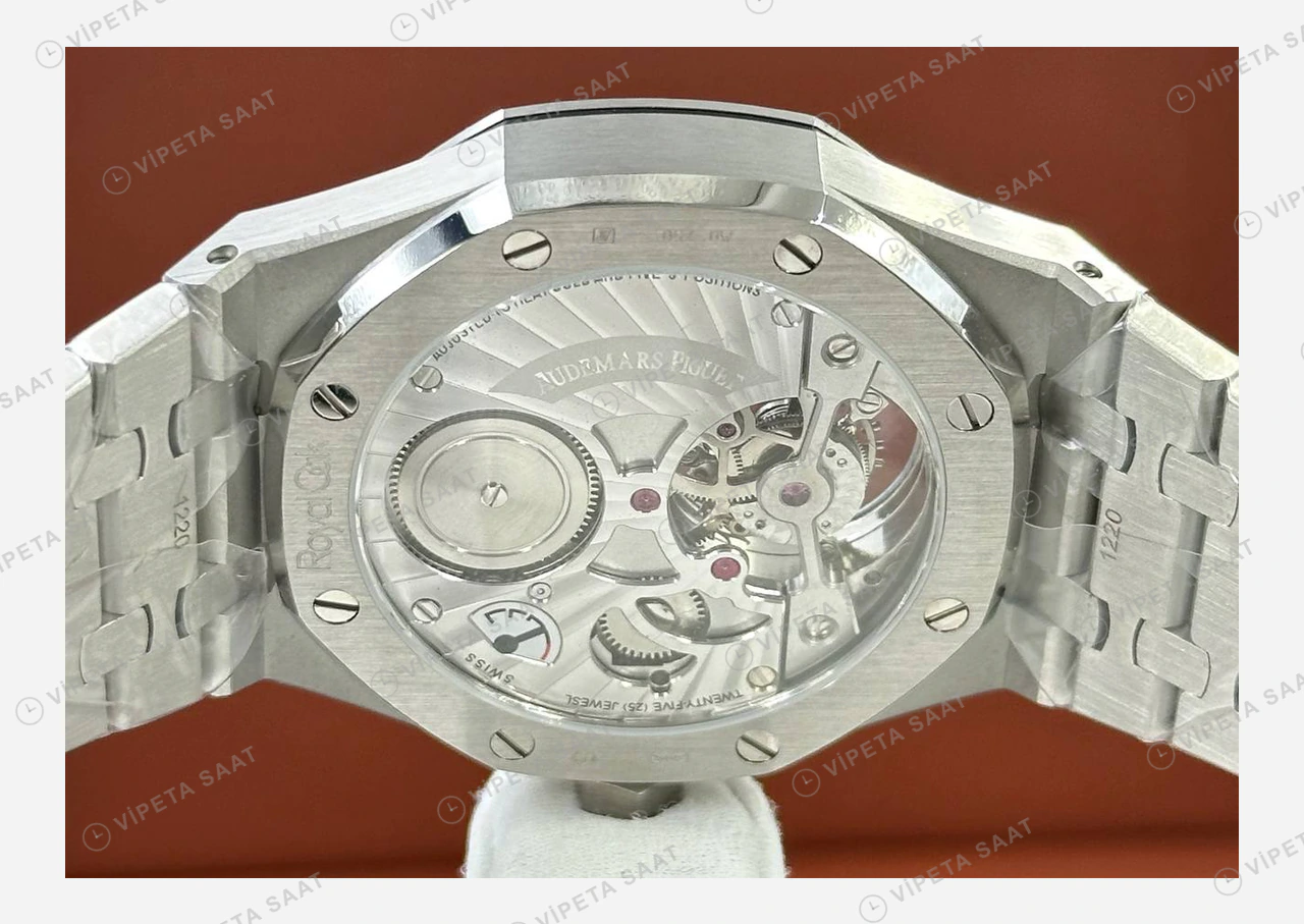 Audemars Piguet Royal Oak Mavi Tourbillon Çelik Parlak Super Clone ETA Eta Saat yan görünüm